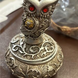 Silver Ornate Owl Figurine with Red Eyes - trinket box